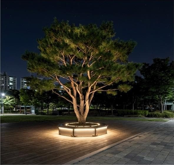 Night view: a standalone pine ringed by a circular bench and in-ground lights